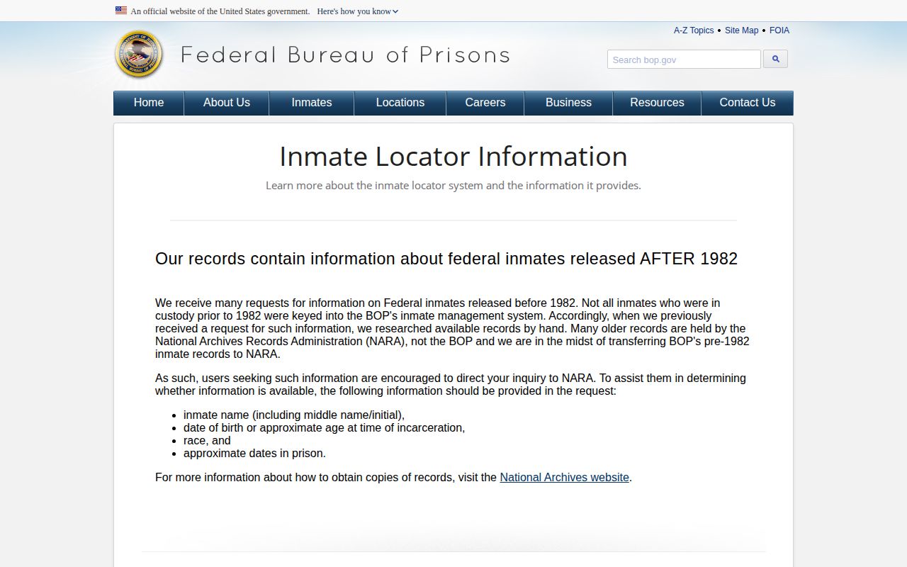 Bureau of Prisons explanation of inmate locator release records
