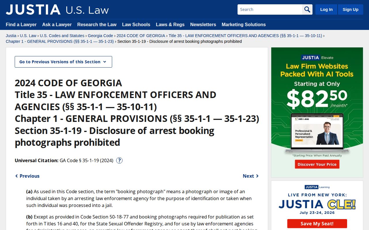 Georgia booking photograph release law O.C.G.A. 35-1-19