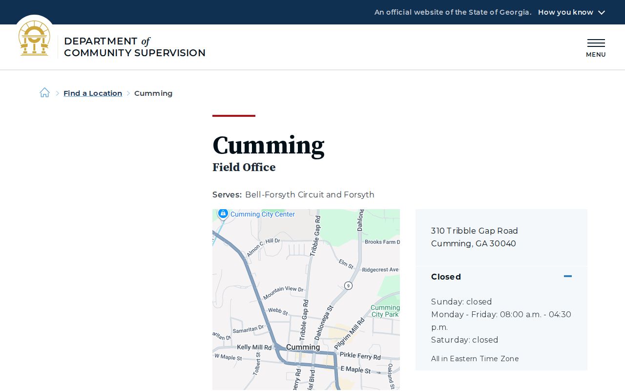 Georgia DCS Cumming Field Office page serving Forsyth County