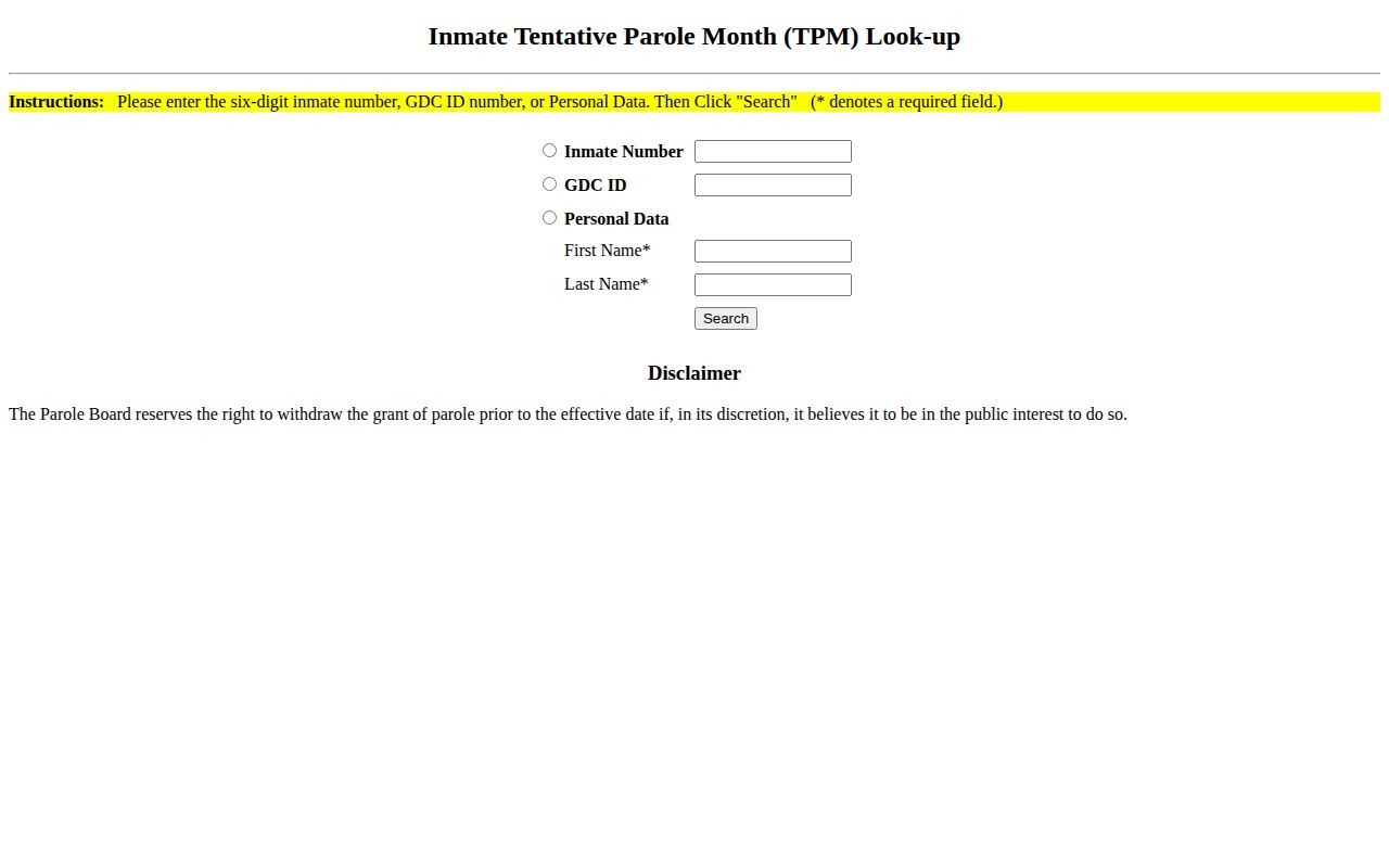 Georgia Parole Board Tentative Parole Month lookup